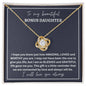 To My Beautiful Bonus Daughter | Grey Background w/White Square Border | Love Knot Necklace