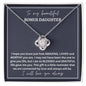 To My Beautiful Bonus Daughter | Grey Background w/White Square Border | Love Knot Necklace