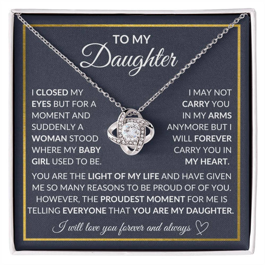 To My Daughter |Grey Background/Gold Box | I Will Love You | Love Knot Necklace