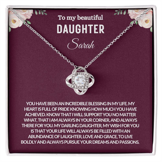 To My Beautiful Daughter | Customized Name | Purple Background | Pink Hearts | Love Knot Necklace