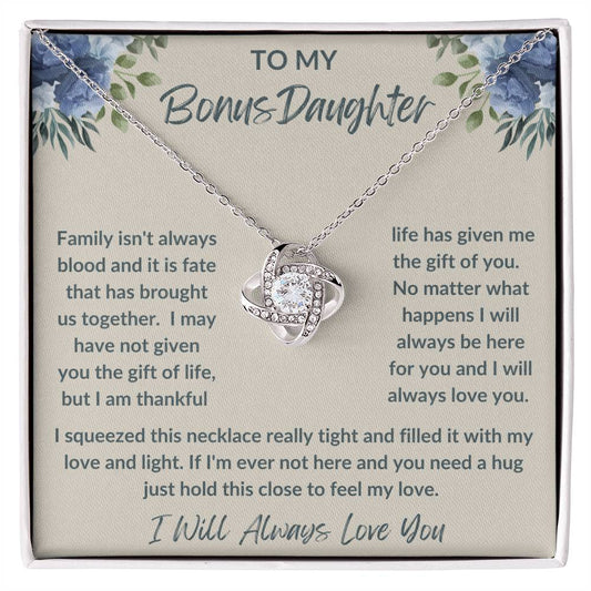 To My Bonus Daughter | Blue Flowers | Love You Always | Love Knot Necklace