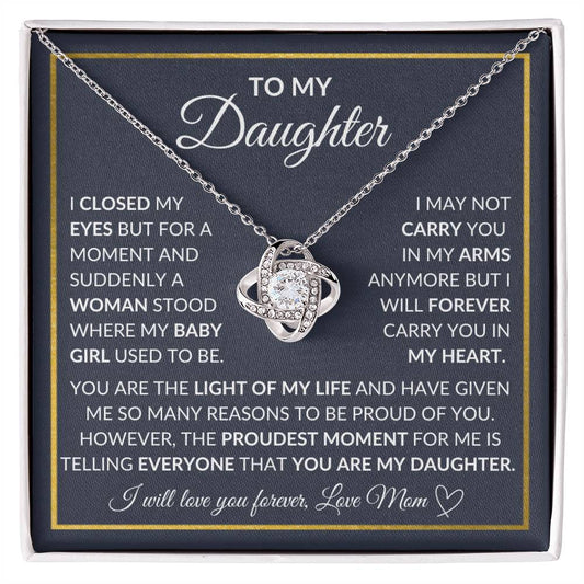 To My Daughter | Grey Background/Gold Box | Love Mom | Love Knot Necklace