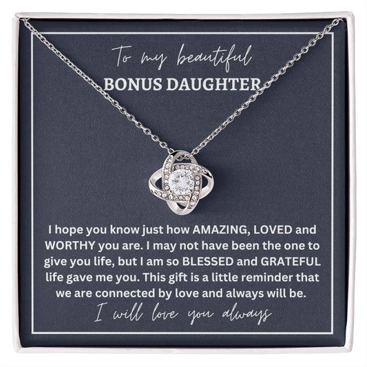 To My Beautiful Bonus Daughter | Grey Background w/White Square Border | Love Knot Necklace