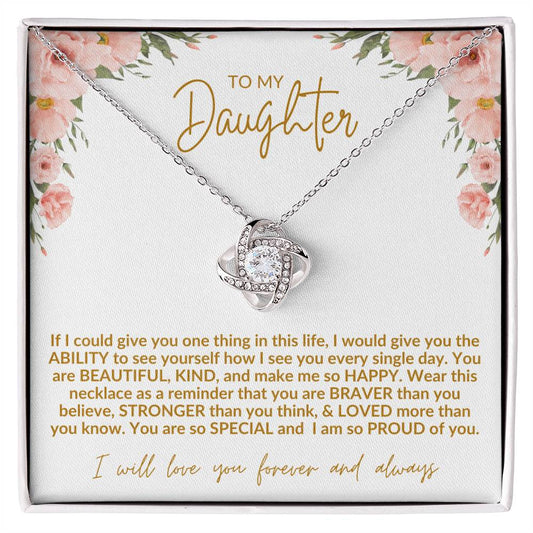 To My Daughter | Pink Flowers/Gold Lettering | Love Knot Necklace