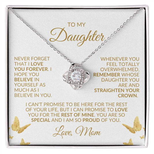 To My Daughter | Love Mom | White Background w/Gold Butterflies | Love Knot Necklace