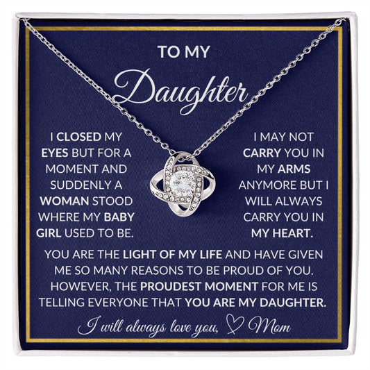 To My Daughter | Navy Background/Gold Box | Love Mom | Love Knot Necklace