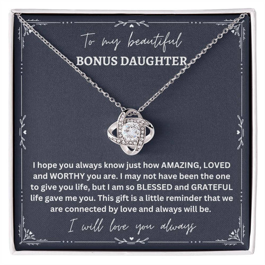 To My Beautiful Bonus Daughter | Grey Background w/Border | Love Knot Necklace