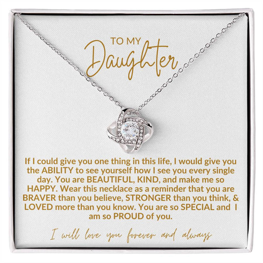 To My Daughter | White Background/Gold Letters | Love Knot Necklace