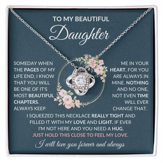 To My Beautiful Daughter | Blue Background | Pink Font | Love Knot Necklace