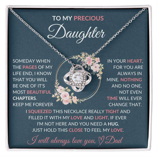 To My Precious Daughter | Pink Flowers/Blue Background | Love Dad | Love Knot Necklace