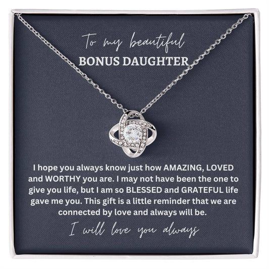 To My Beautiful Bonus Daughter | Grey Background  | Love Knot Necklace