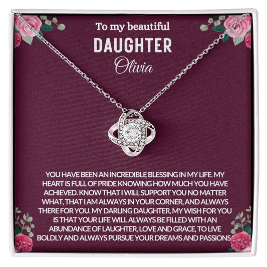 To My Beautiful Daughter | Customizable Name | Purple Background | Love Knot Necklace