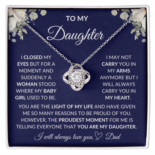 To My Daughter | Navy Background/White Flowers | Love Dad | Love Knot Necklace